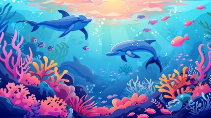 A cartoon illustration of dolphins swimming in the ocean, surrounded by colorful coral and fish.