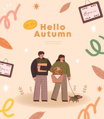 Hello autumn. Vector illustration of a man and a woman with a basket of food.