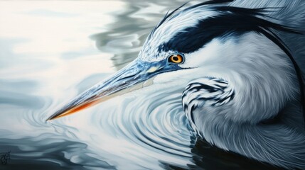 Obraz premium Close-up of a gray heron with sharp gaze, water background, detailed feathers, majestic bird, sense of elegance, calm water, soft lighting, wildlife focus.