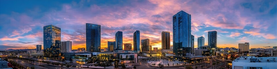 Obraz premium A vibrant cityscape of Nevada at dusk, showcasing the iconic landmark with high-rise buildings . The sky is painted with hues of blue and purple as the sun sets behind them, casting long shadows