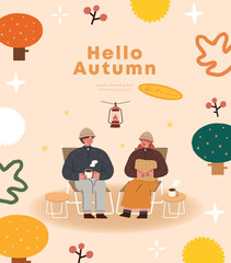 Hello autumn. People sitting in camping and drinking coffee. Vector illustration.