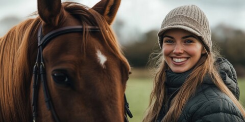 Obraz premium Smiling woman stands next to her horse in a lush green field