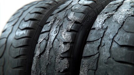 Close-up of three worn-out tires with significant cracking and damage to the rubber.