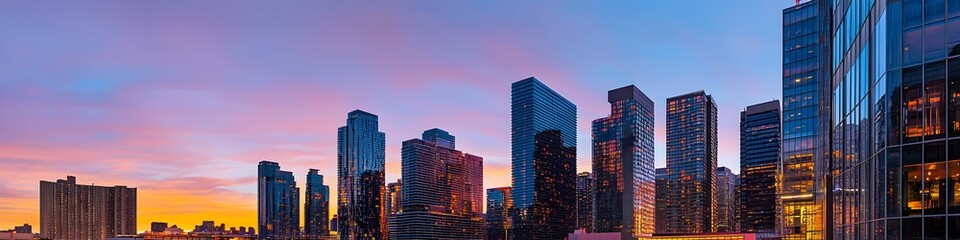 Obraz premium A vibrant cityscape of Nevada at dusk, showcasing the iconic landmark with high-rise buildings . The sky is painted with hues of blue and purple as the sun sets behind them, casting long shadows