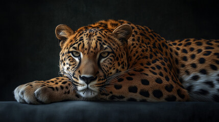 Fototapeta premium Leopard lying with piercing gaze on dark background