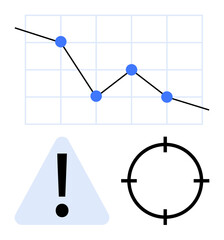 Business graph with downward trend line, highlighted nodes, warning sign, and target icon. Ideal for risk management, strategy development, business analysis, investment, forecasting planning