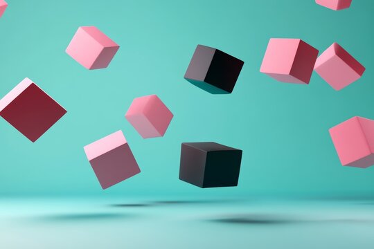 Fototapeta Minimalist 3d render of eight floating cubes in dark teal and light pink color palette