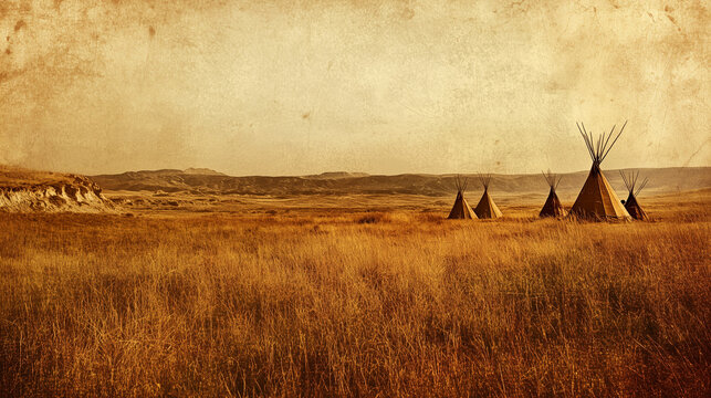 Vintage teepee settlement on a golden prairie