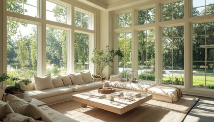 Obraz premium Spacious and Bright Living Room with Large Windows Overlooking Lush Greenery and Serene Outdoor Landscape in Modern Interior Design Style