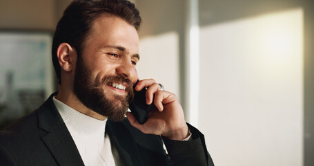 Happy, businessman and phone call with discussion for proposal, deal or negotiation at office. Man, employee or salesman talking on mobile smartphone with smile for chat or communication at workplace