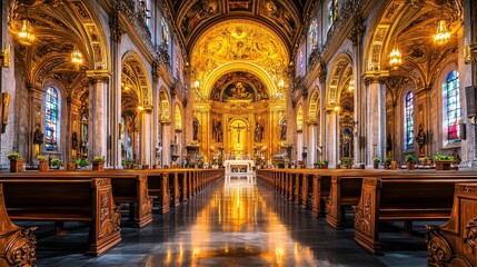 Obraz premium A large church with many pews and stained glass windows