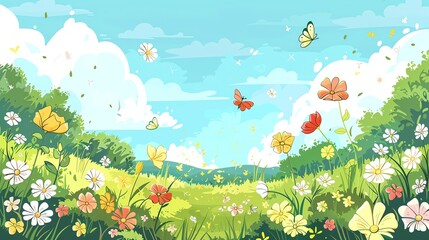 A cartoon landscape with a field of flowers and butterflies.