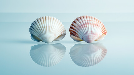 Two seashells reflected on a calm blue surface