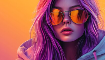 Obraz premium Stunning portrait of a girl with purple hair in sunglasses and hoodie against a gradient background