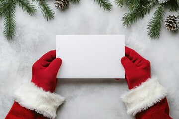 Hands in red Santa gloves holding a blank white card against a festive background with pine branches and snowy pinecones, suitable for Christmas or holiday mockups