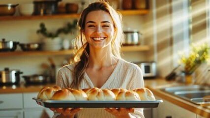 Smiling woman holding tray of freshly baked buns in kitchen