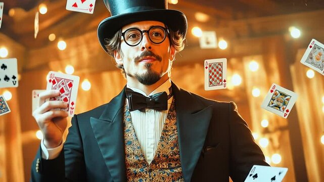 Magician performing a card trick in a luxurious setting