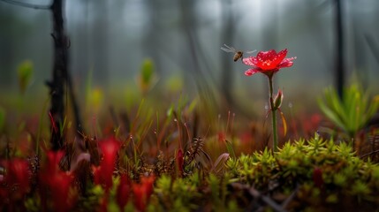 Fototapeta premium Vibrant Red Flower Surrounded by Dew on a Misty Forest Floor with a Bee Approaching for Pollination in a Serene Natural Landscape