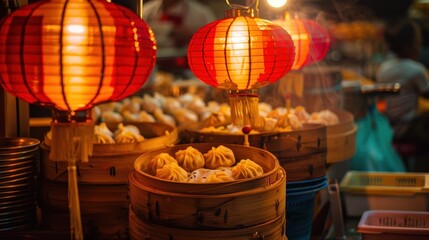 Authentic Asian Street Food Scene with Steaming Dumplings and Vibrant Lanterns in a Bustling Night Market, Highlighting Culinary Delights and Cultural Experience