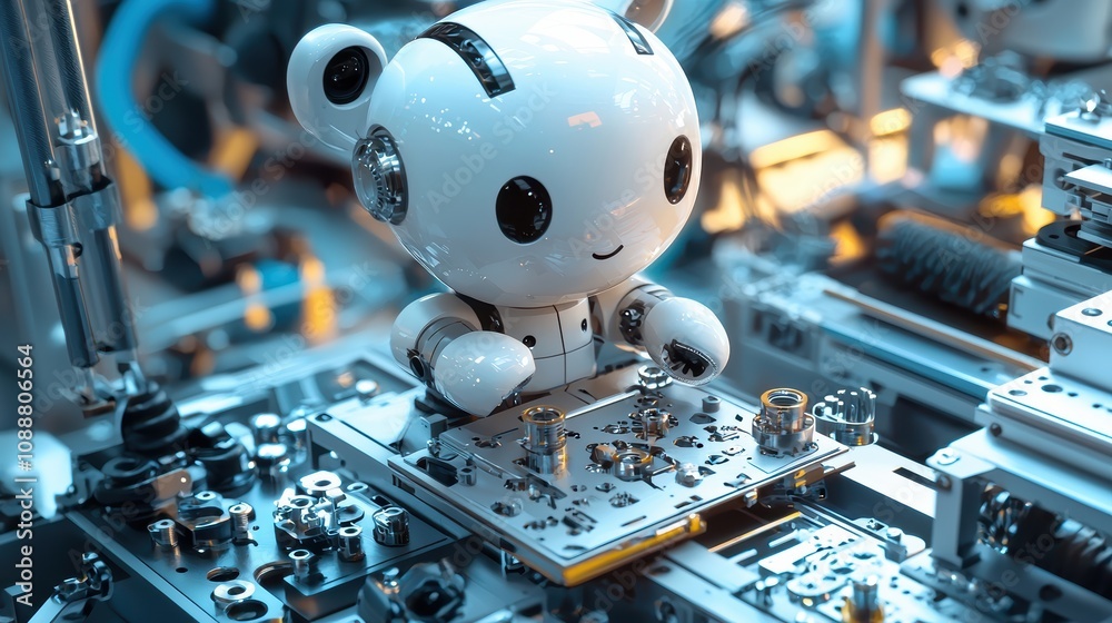 Poster cute robotic character engaging in assembly tasks amidst a futuristic mechanical environment filled 