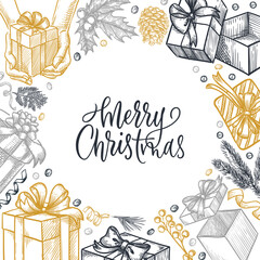 Christmas New Year gifts square frame. Vector hand drawn sketch vintage illustration. Holiday banner, poster design