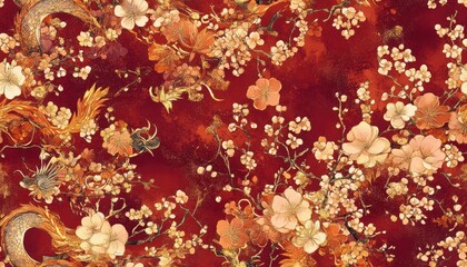 A floral pattern featuring intricate designs in warm tones on a rich red background.
