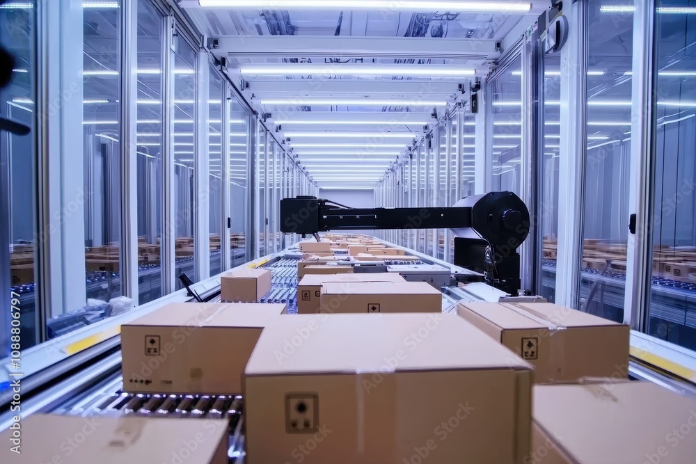 Poster efficient automated warehouse handling system with conveyors and robotic arm for streamlined package