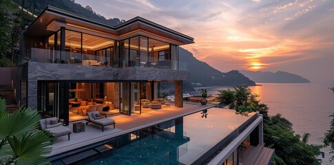 Fototapeta premium Modern Luxury House with Swimming Pool and Sunset Ocean View