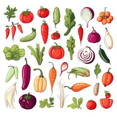 Colorful array of fresh vegetables and fruits on a white background