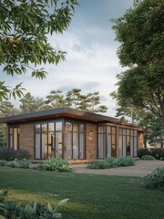 Obraz premium Modern Contemporary Home with Floor-to-Ceiling Windows and Beautiful Landscaping
