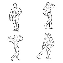 Posing bodybuilder, isolated vector silhouette, ink drawing