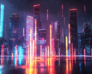 Glowing Futuristic City Skyline with Business Equity Growth Visualized in Neon Bar Graphs