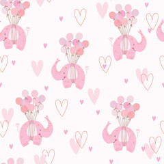Pink elephants and hearts, seamless pattern. Vector illustration for Valentine's Day, Birthday party, wedding day.