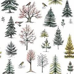 Charming seamless pattern of hand-drawn winter elements like trees, holly, pine cones, and birds in soft pastel shades, great for event flyers.