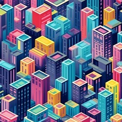 Fototapeta premium Colorful Isometric City Landscape with Repeating Geometric Architectural Blocks