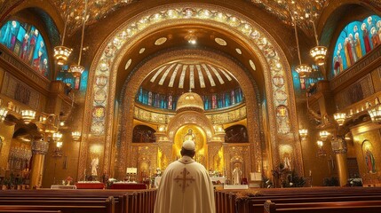 A man in a white robe stands in front of a large gold church