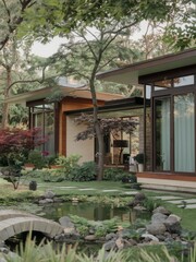 Fototapeta premium Modern Contemporary Home with Floor-to-Ceiling Windows and Beautiful Landscaping