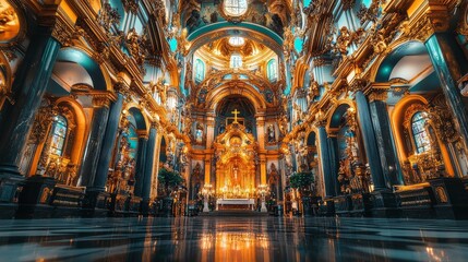 The interior of a large church is lit up with gold and blue colors