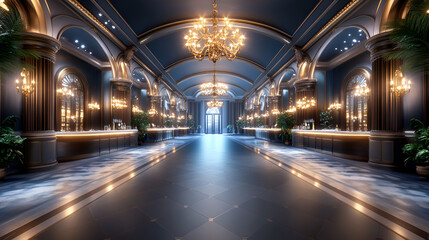 Fototapeta premium 3D illustration of a luxurious casino interior featuring elegant gambling tables, a stylish bar area, and ornate decor. The scene is illuminated by grand chandeliers and intricate lighting fixtures