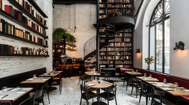 A coffee bar set in a converted library, with towering bookshelves, spiral staircases, and a quiet, intellectual atmosphere
