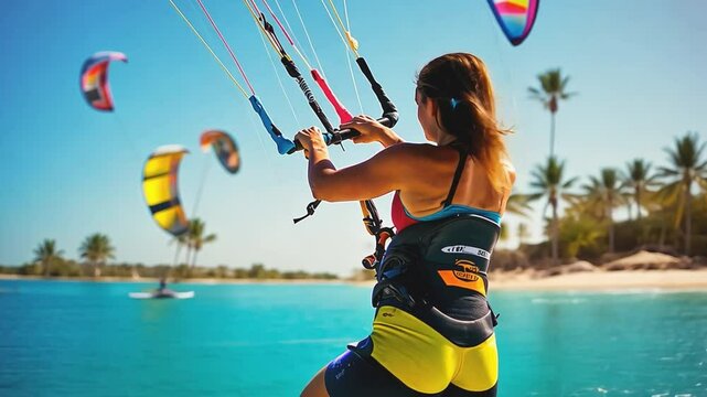 Woman kitesurfing in tropical paradise with colorful kites