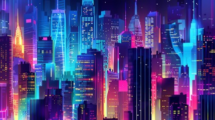 Obraz premium A retro-futuristic cityscape with neon lights and a starry night sky.