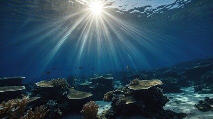Naklejka premium deep blue underwater with sun beams background.