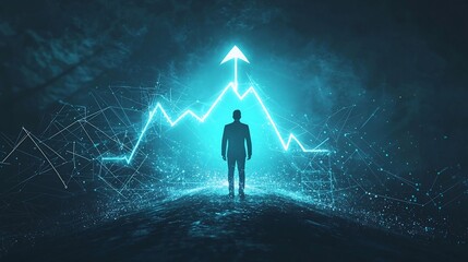 Businessman Stands Before Futuristic Market Arrow Graph with Floating Equity Shares