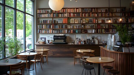 A literary coffee bar with bookshelves lining every wall, cozy reading nooks, and a vintage typewriter on display
