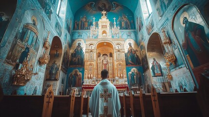 A man in a white robe stands in front of a large church