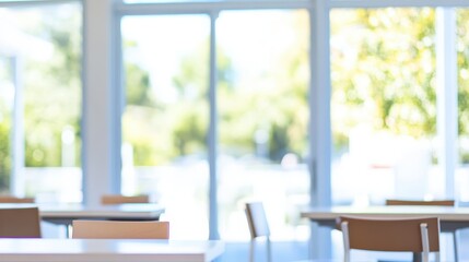 Blurred image of empty cafeteria with tables and chairs near large windows.