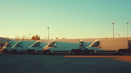 Five white vans parked at sunset.