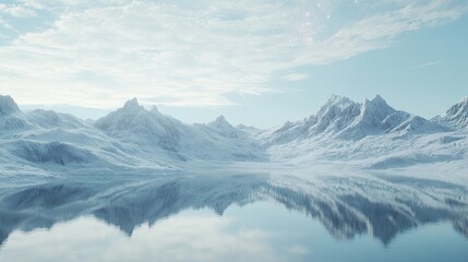 Obraz premium Serene snow-capped mountains reflected in a calm lake under a bright sky.