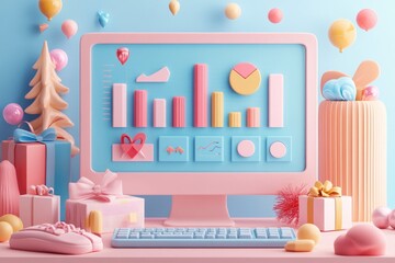 A pastel-themed workspace featuring a computer with colorful graphs and festive decorations.